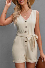Button Front Belted Sleeveless Romper #Firefly Lane Boutique1