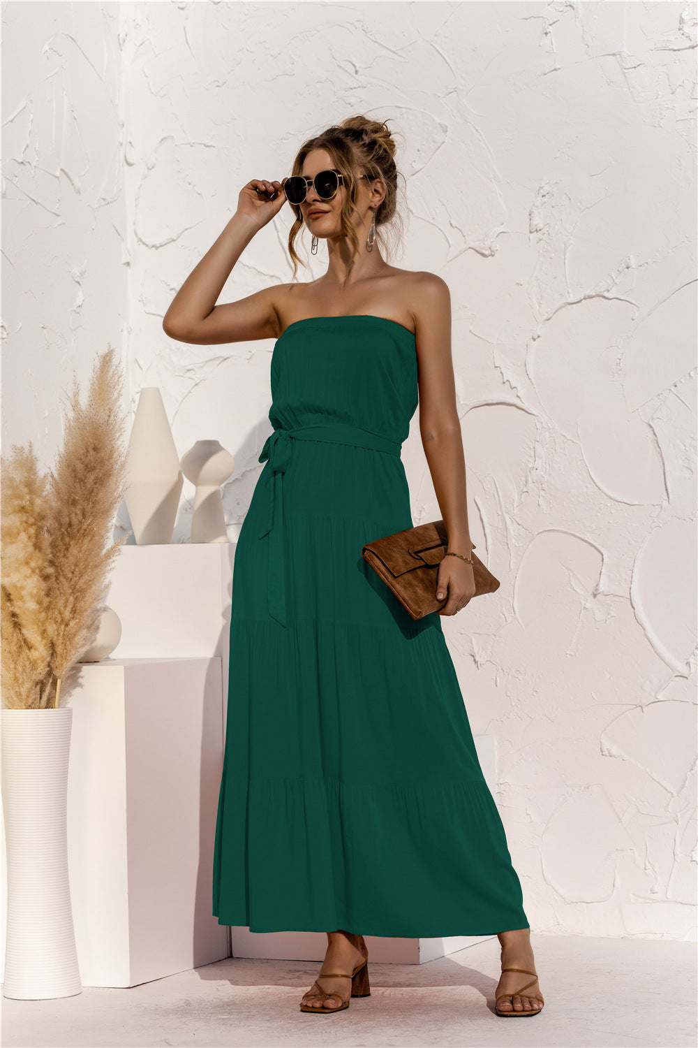 Don’t Mind Me Strapless Maxi Dress - dark green strapless maxi dress with top overlay, and tie waist. #Firefly Lane Boutique1