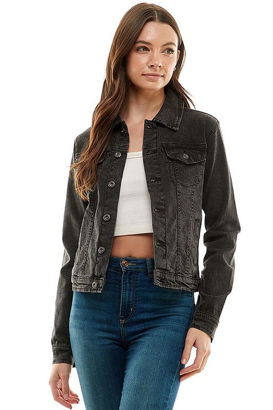 Casual Jean Jacket With Buttons - black denim jacket with button front and flap chest pockets. #Firefly Lane Boutique1