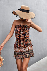 Catch a Vibe Strapless Boho Dress - brown mini floral dress with frill trim and tiered silhouette. #Firefly Lane Boutique1