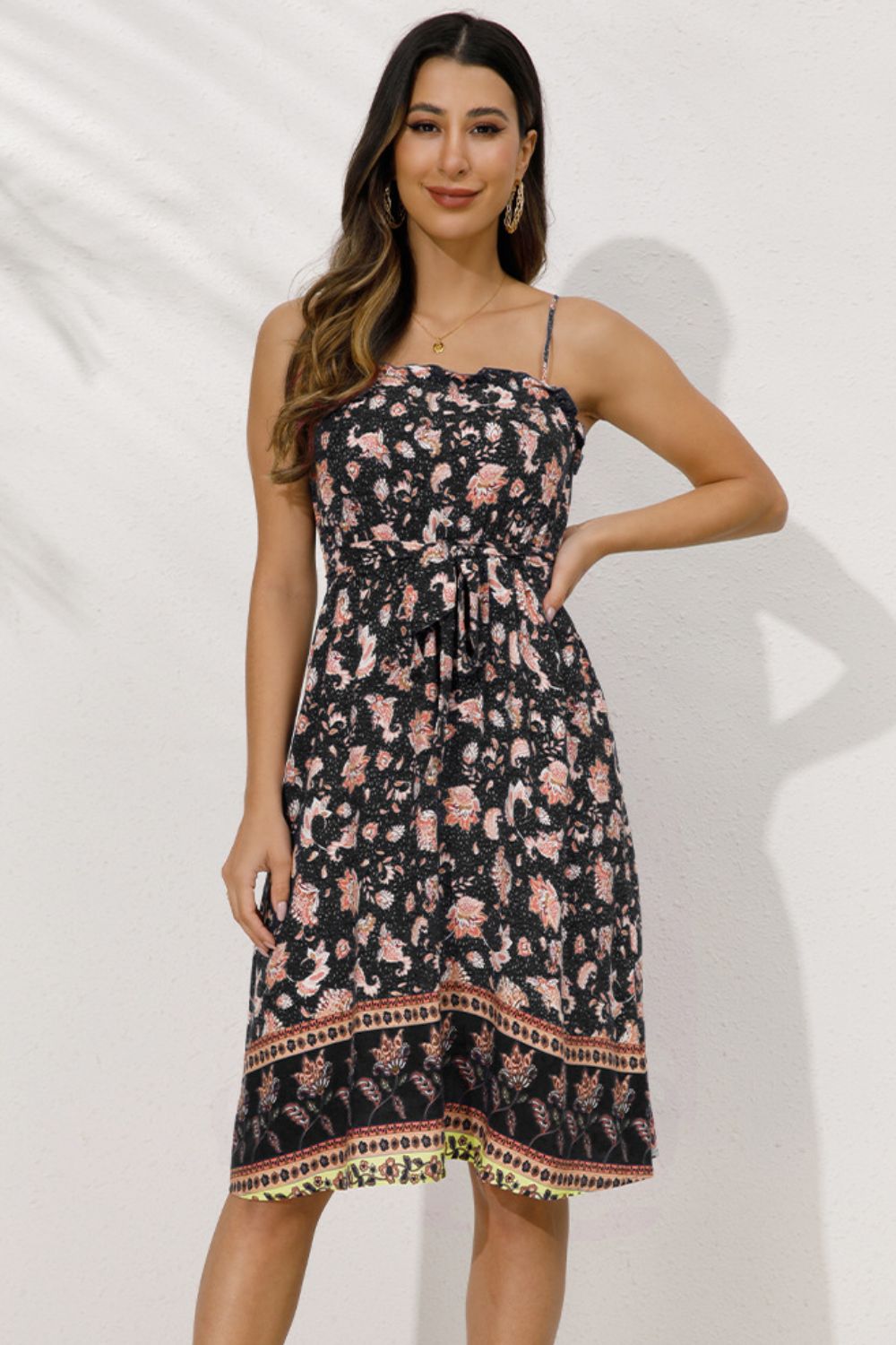 Catch The Moment Bohemian Floral Dress - black  floral knee length dress with spaghetti straps. #Firefly Lane Boutique1