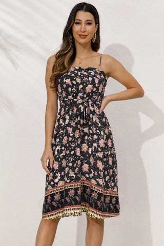 Catch The Moment Bohemian Floral Dress - black  floral knee length dress with spaghetti straps. #Firefly Lane Boutique1