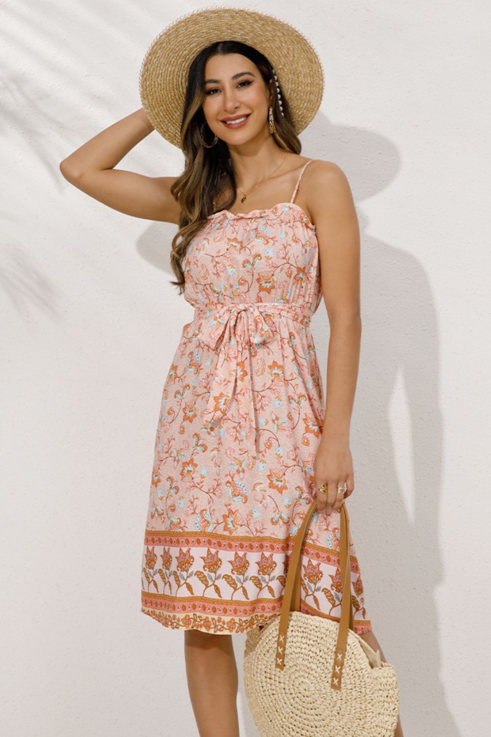 Catch The Moment Bohemian Floral Dress - pink  floral knee length dress with spaghetti straps. #Firefly Lane Boutique1