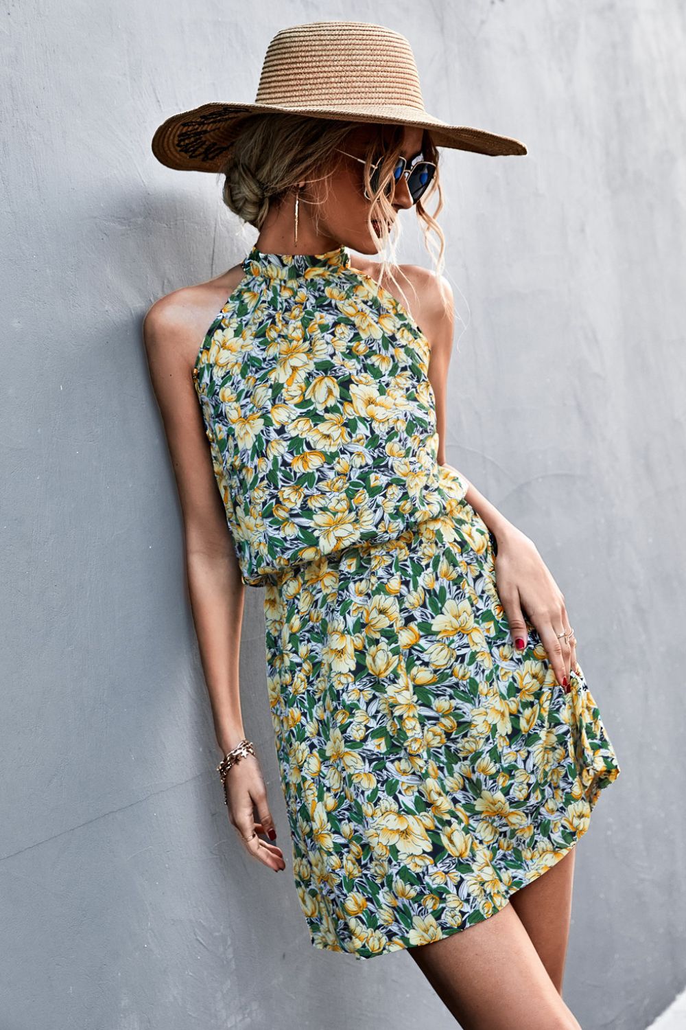 Change The Tune Floral Mini Sleeveless Dress - yellow floral mini dress with a halter neck and tiered #Firefly Lane Boutique1
