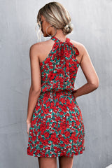 Change The Tune Floral Mini Sleeveless Dress - a red floral mini dress with a halter neck and tiered #Firefly Lane Boutique1