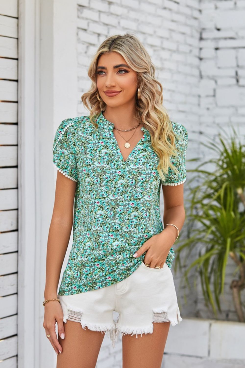 Cherished Stories Floral Short Sleeve Blouse - green floral v neck top paired with white denim shorts #Firefly Lane Boutique1