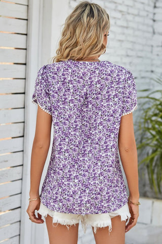 Cherished Stories Floral Short Sleeve Blouse - lilac floral v neck top paired with white denim shorts #Firefly Lane Boutique1