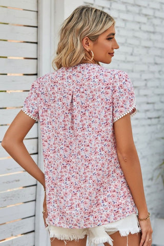Cherished Stories Floral Short Sleeve Blouse - pink floral v neck top paired with white denim shorts #Firefly Lane Boutique1