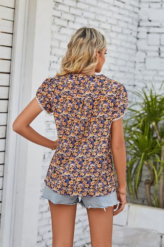Cherished Stories Floral Short Sleeve Blouse - purple floral v neck top paired with denim shorts #Firefly Lane Boutique1