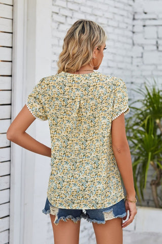 Cherished Stories Floral Short Sleeve Blouse - yellow floral v neck top paired with denim shorts #Firefly Lane Boutique1