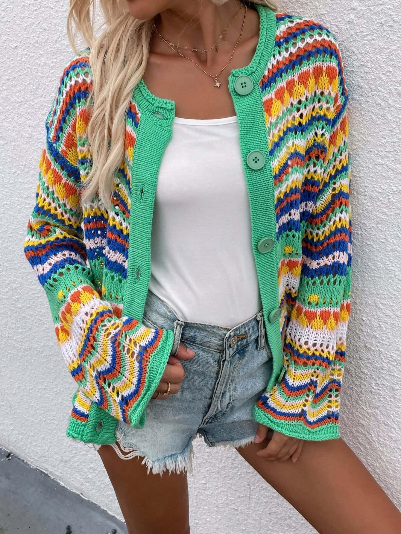 Chevron Cardigan - green striped cardigan hip length with pockets and button Front. #Firefly Lane Boutique1