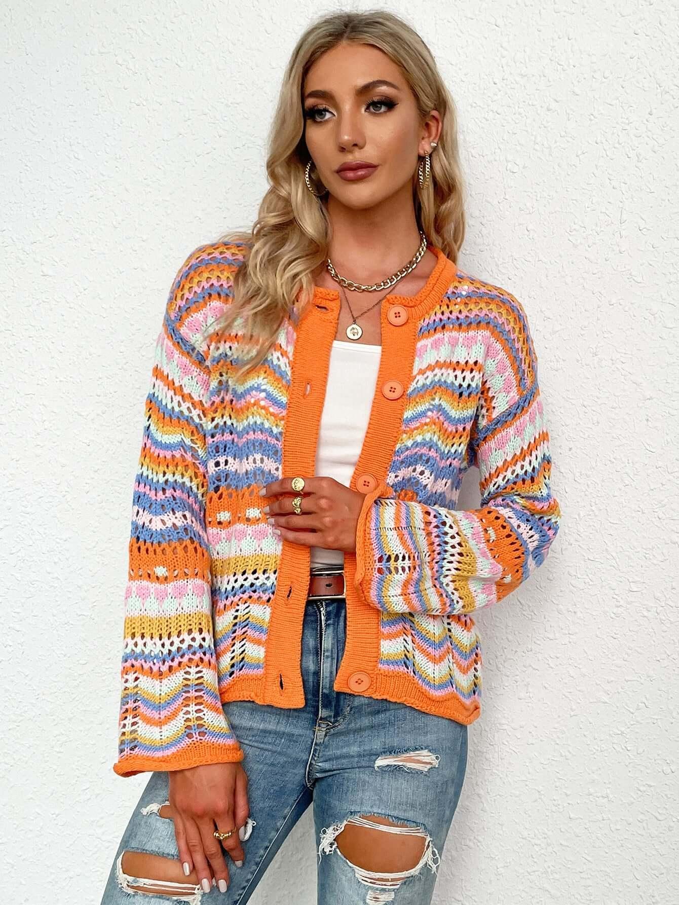 Chevron Cardigan - orange striped cardigan hip length with pockets and button Front. #Firefly Lane Boutique1