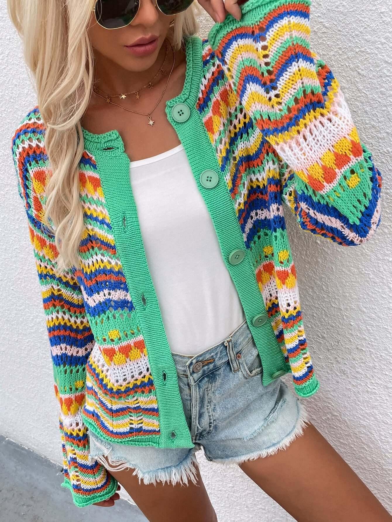 Chevron Cardigan - green striped cardigan hip length with pockets and button Front. #Firefly Lane Boutique1