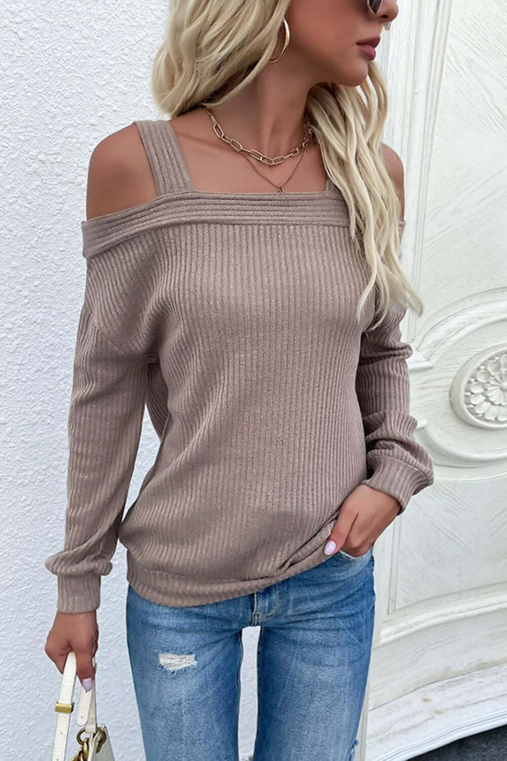 Cold Shoulder Rib-Knit Sweater -Sweaters#Firefly Lane Boutique1