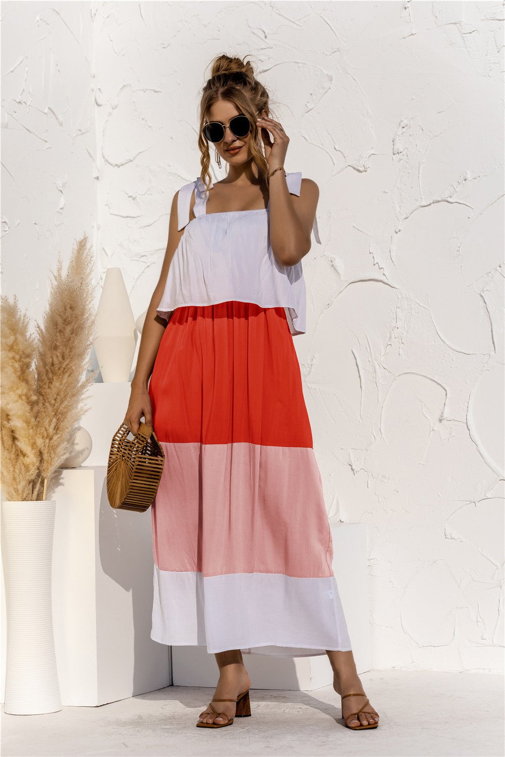 Color Blocked Maxi Dress - white orange and light pink color block dress with top overlay  #Firefly Lane Boutique1