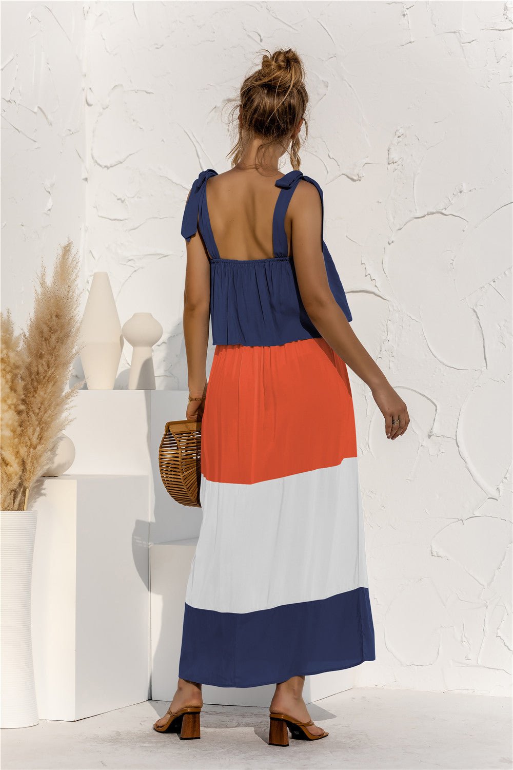 Color Blocked Maxi Dress - navy orange white color block dress with top overlay  #Firefly Lane Boutique1