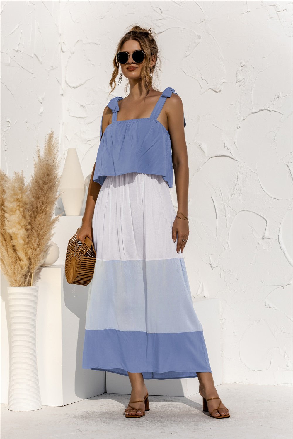 Color Blocked Maxi Dress - blue white and light blue color block dress with top overlay  #Firefly Lane Boutique1