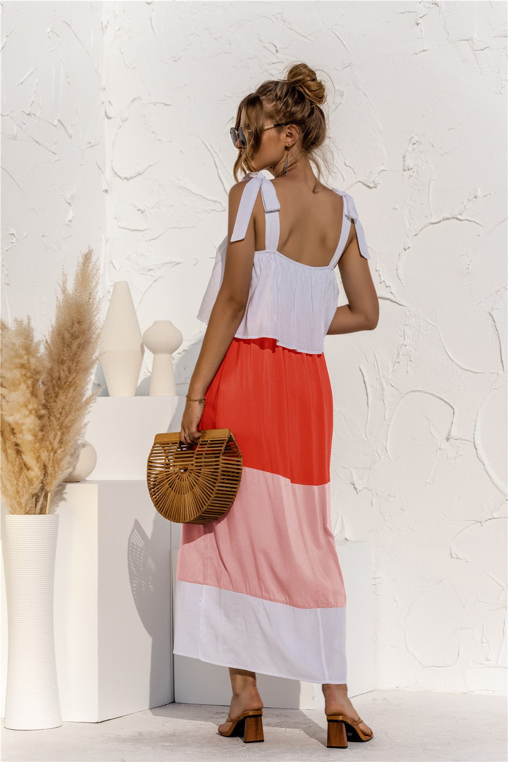Color Blocked Maxi Dress - white orange and light pink color block dress with top overlay  #Firefly Lane Boutique1