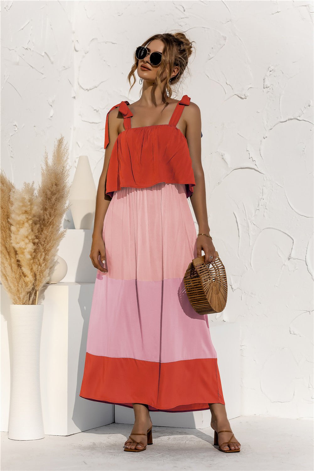 Color Blocked Maxi Dress - orange light pink and light purple color block dress with top overlay  #Firefly Lane Boutique1