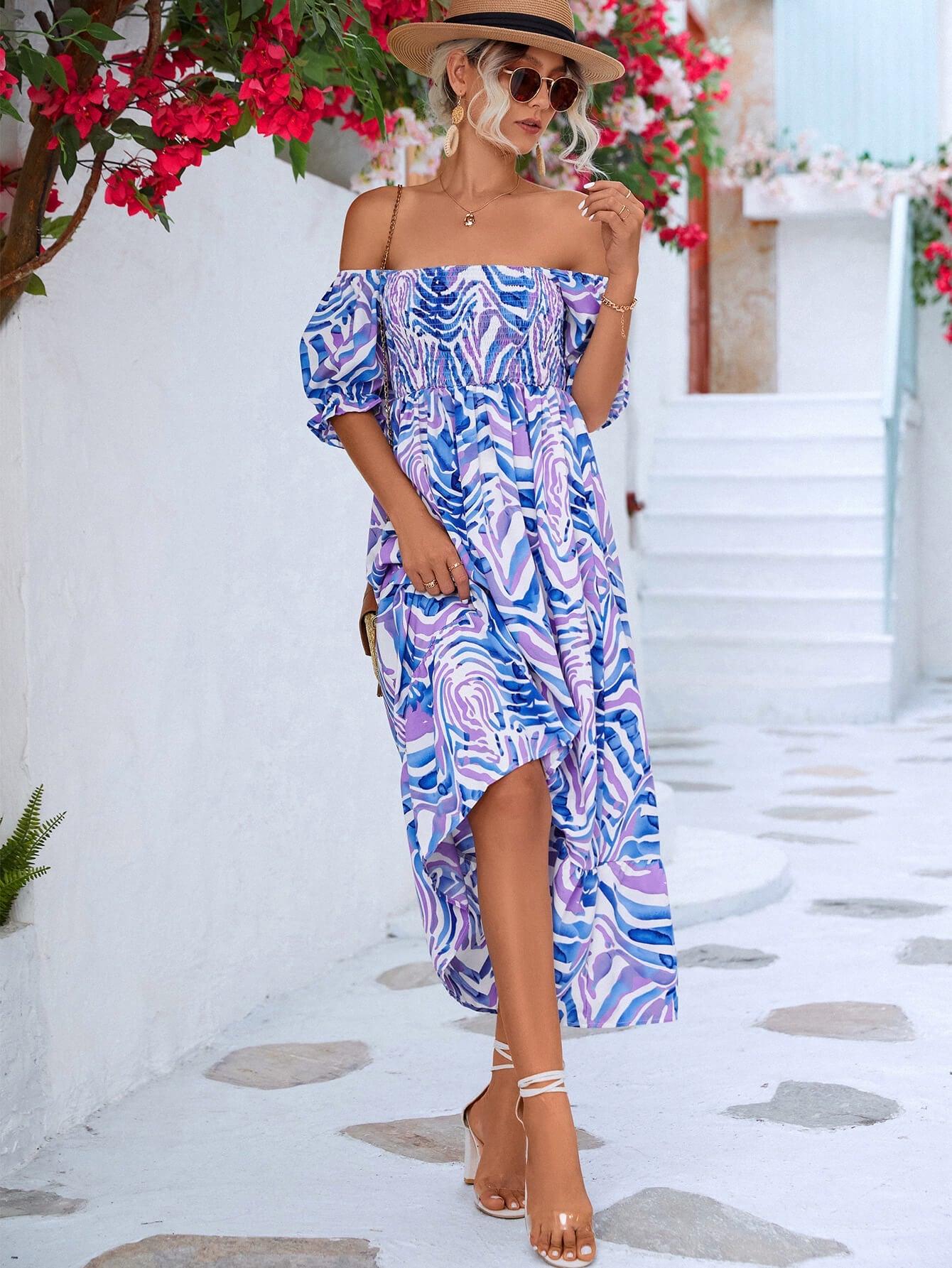 Color Me Pretty Off Shoulder Smocked Midi Dress - blue off the shoulder midi dress with smocked bust #Firefly Lane Boutique1