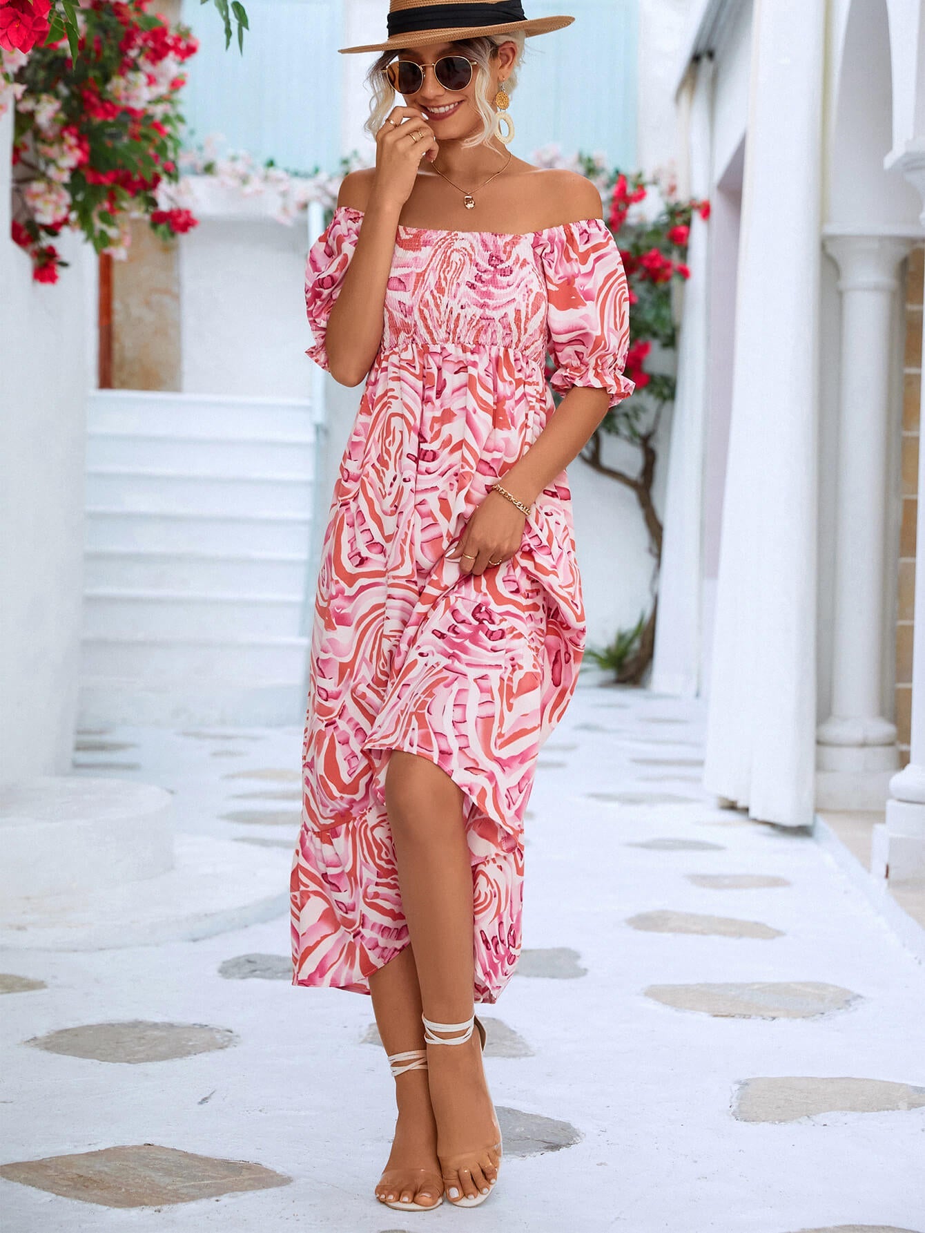 Color Me Pretty Off Shoulder Smocked Midi Dress - pink midi off the shoulder dress with smocked bust #Firefly Lane Boutique1