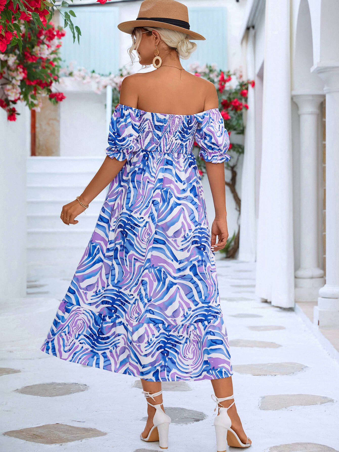 Color Me Pretty Off Shoulder Smocked Midi Dress - blue off the shoulder midi dress with smocked bust #Firefly Lane Boutique1