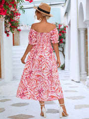 Color Me Pretty Off Shoulder Smocked Midi Dress - pink midi off the shoulder dress with smocked bust #Firefly Lane Boutique1
