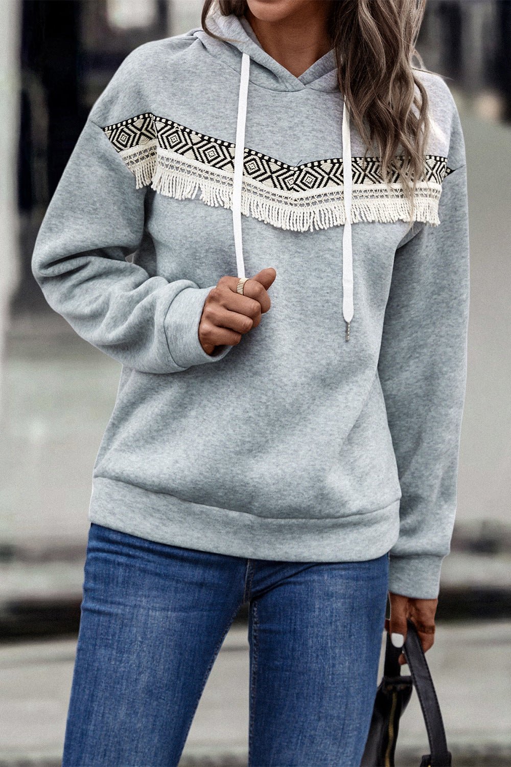 Contrast Fringe Hoodie - gray hoodie with fringe detail in front geometric print and drawstring hood #Firefly Lane Boutique1