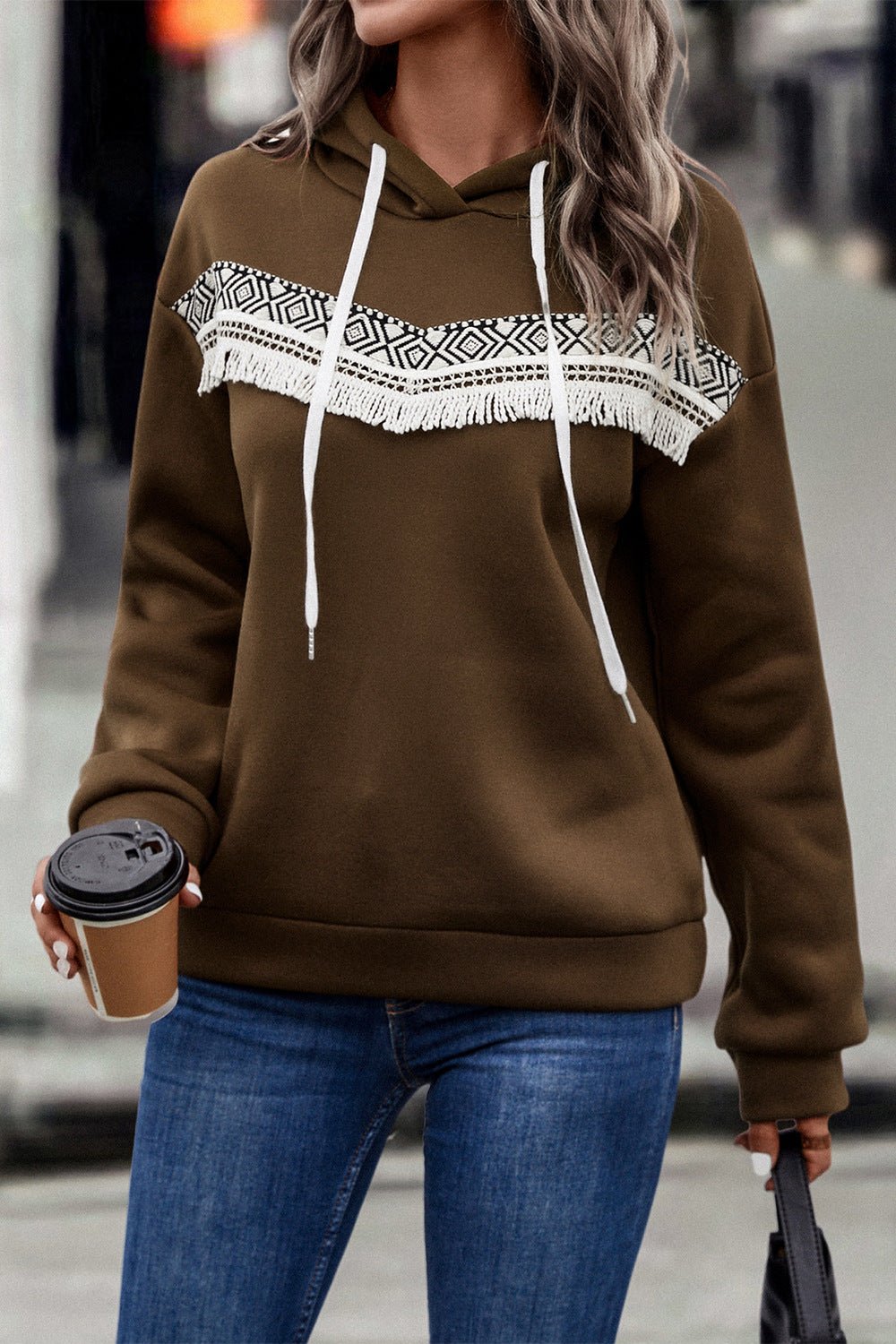 Contrast Fringe Hoodie - brown hoodie with fringe detail in front geometric print and drawstring hood #Firefly Lane Boutique1