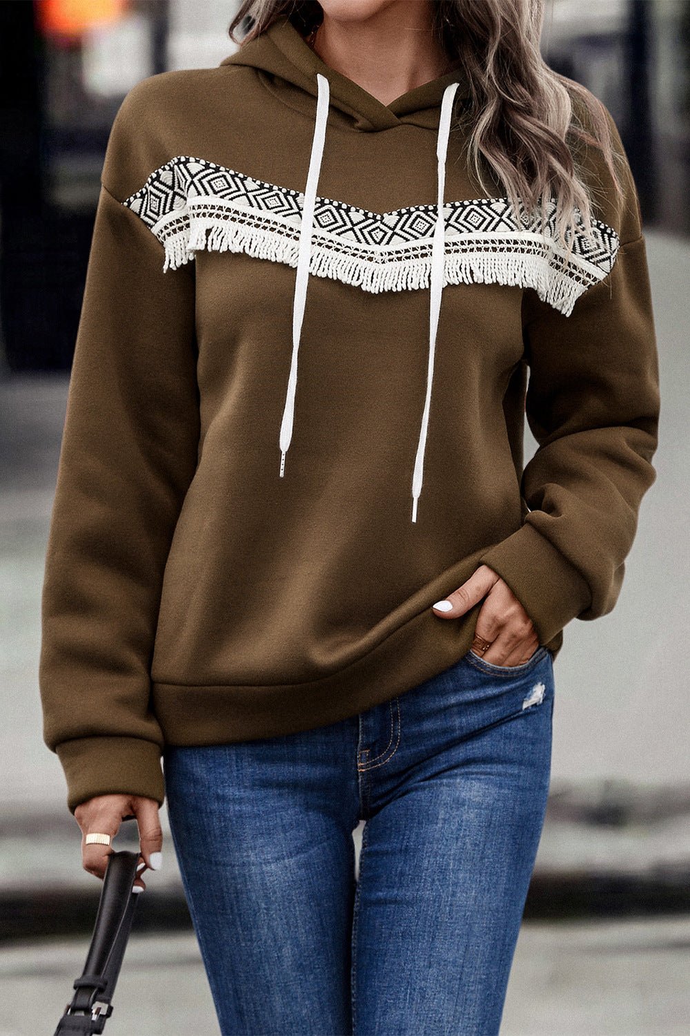 Contrast Fringe Hoodie - brown hoodie with fringe detail in front geometric print and drawstring hood #Firefly Lane Boutique1