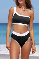 Contrast Trim Ribbed One-Shoulder Bikini Set #Firefly Lane Boutique1