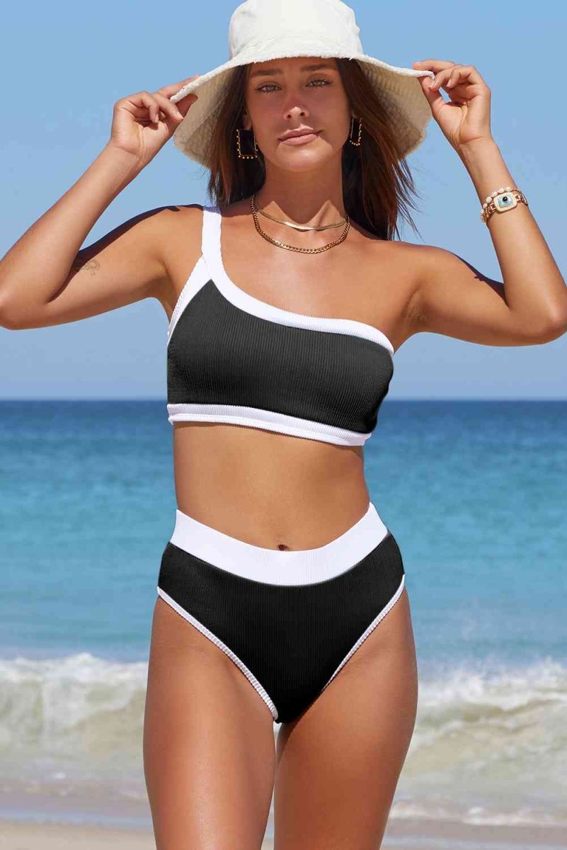 Contrast Trim Ribbed One-Shoulder Bikini Set #Firefly Lane Boutique1