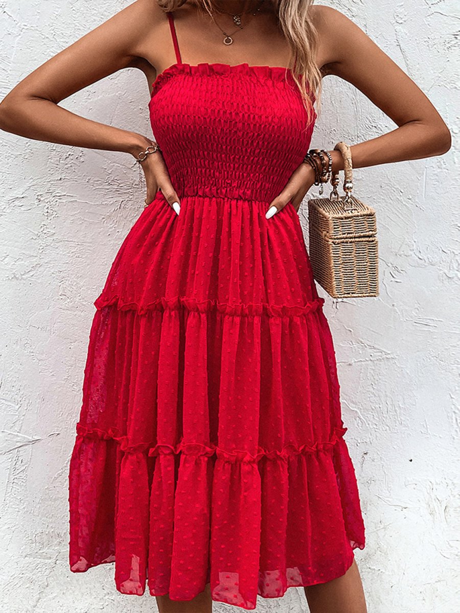 Crimson Allure Red Smocked Midi Dress #Firefly Lane Boutique1