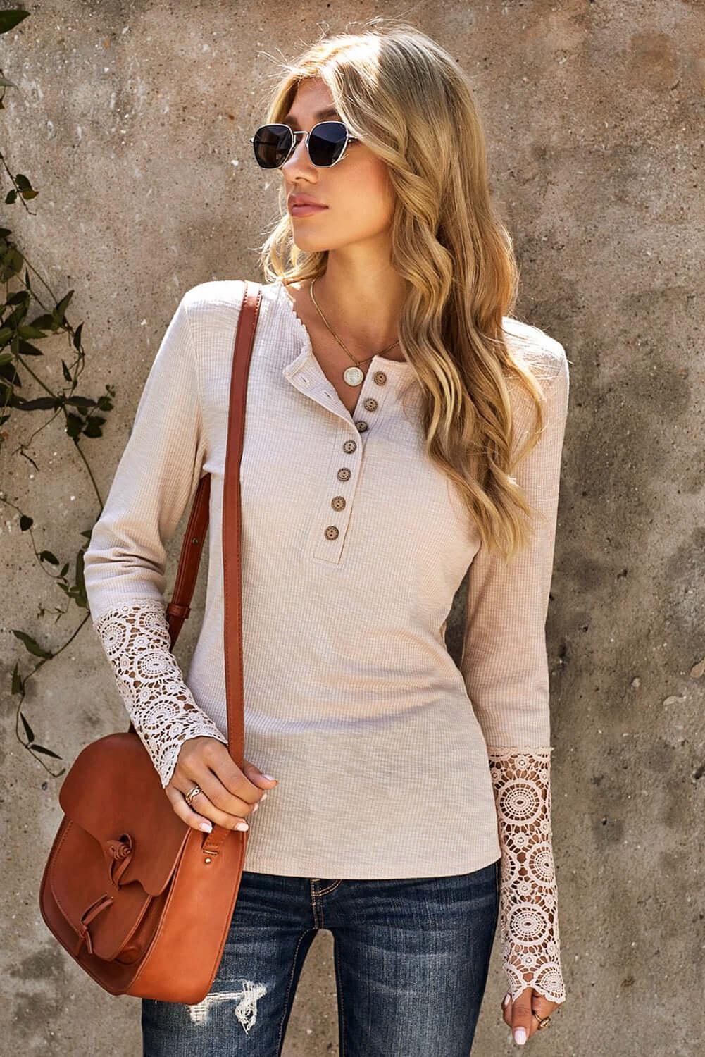 Crochet Lace Hem Sleeve Button Top -Women’s long sleeve shirts#Firefly Lane Boutique1