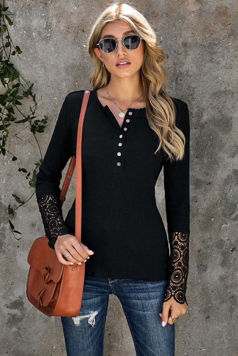 Crochet Lace Hem Sleeve Button Top -Women’s long sleeve shirts#Firefly Lane Boutique1