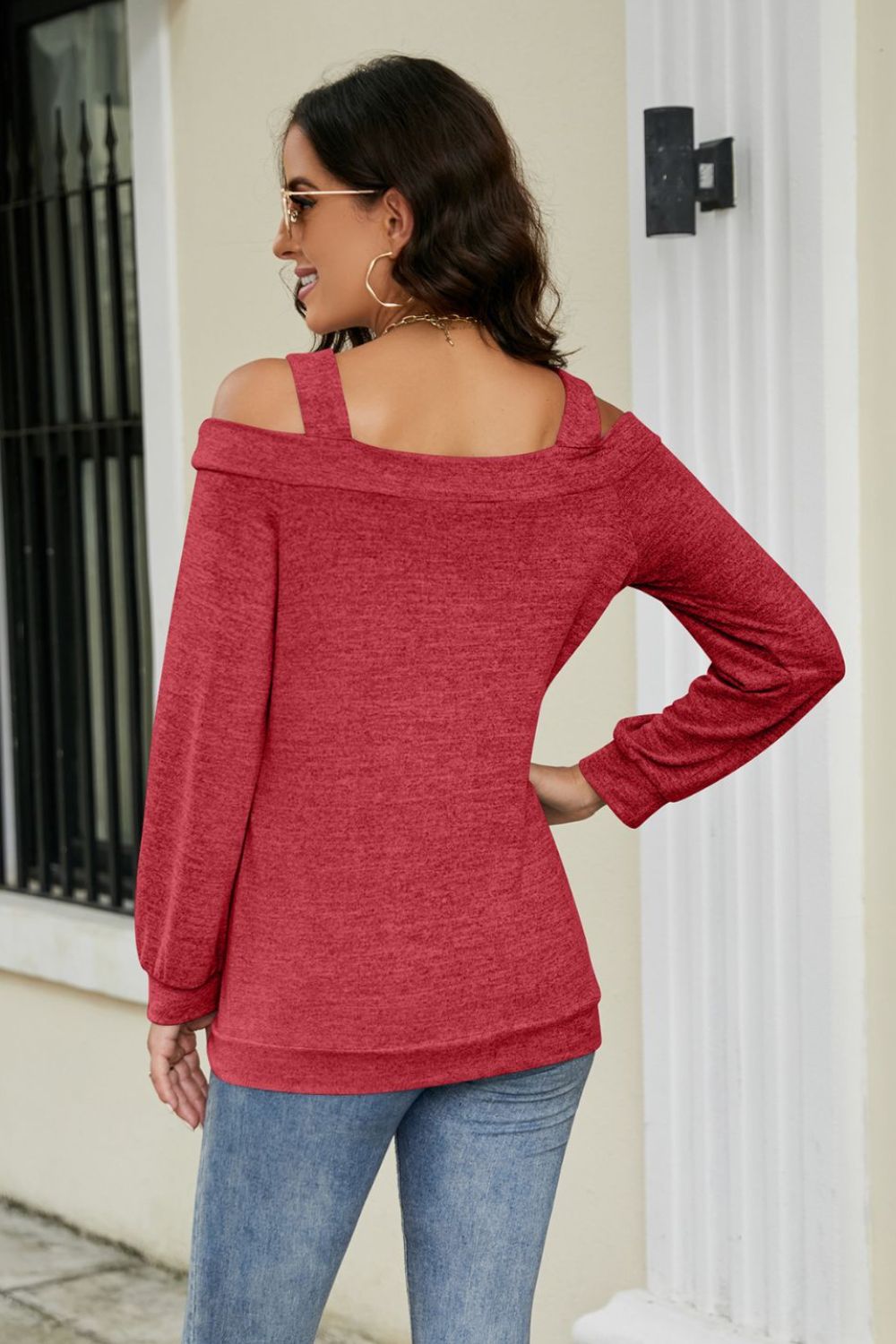 Cutout Cold-Shoulder Top - red cold shoulder long sleeve top with square neckline. Firefly Lane Boutique1