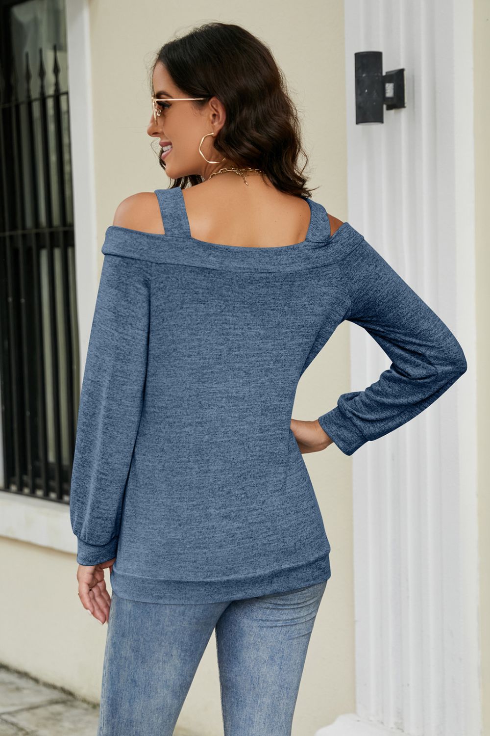 Cutout Cold-Shoulder Top - blue cold shoulder long sleeve top with square neckline. Firefly Lane Boutique1