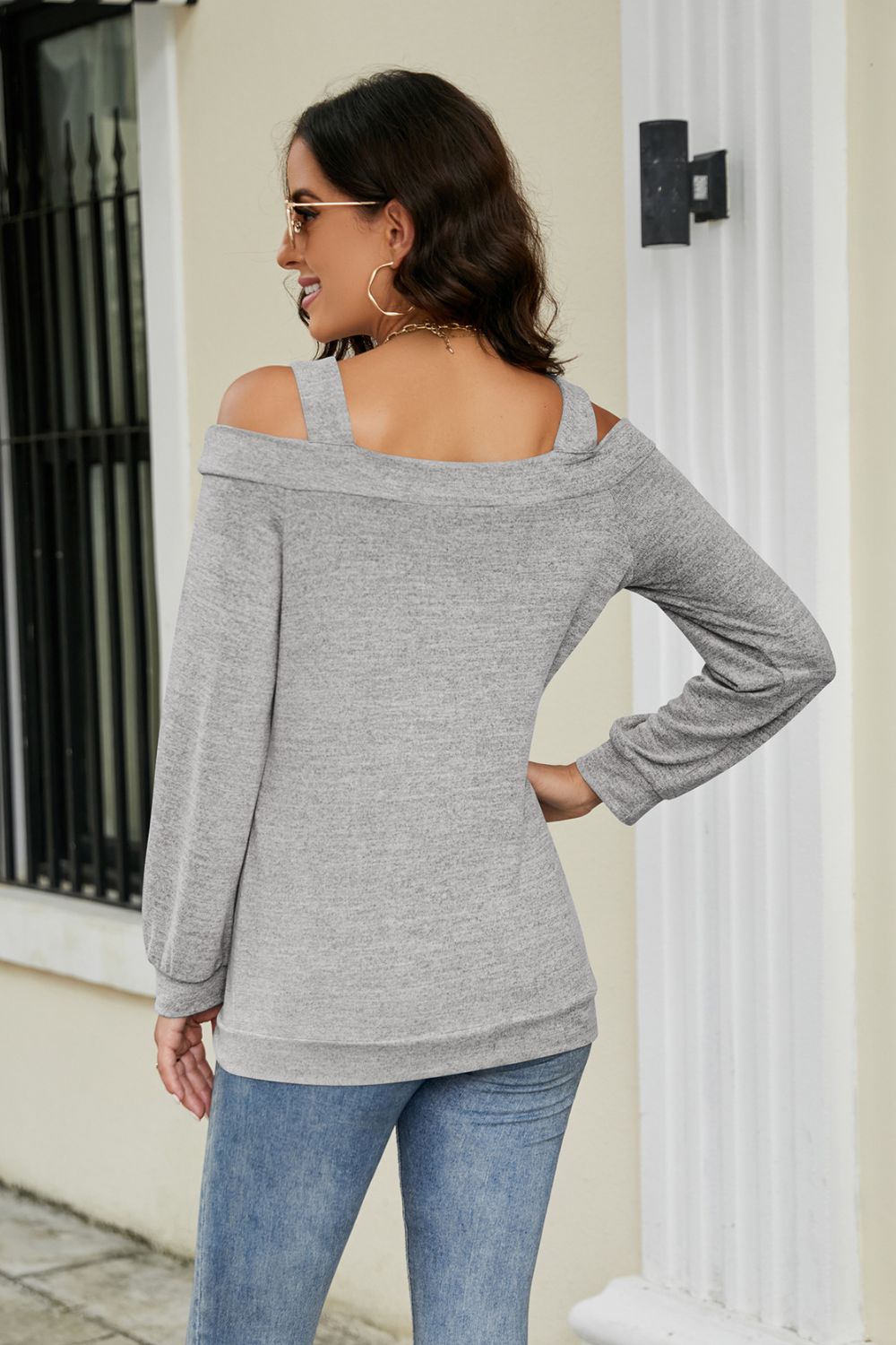Cutout Cold-Shoulder Top - gray cold shoulder long sleeve top with square neckline. Firefly Lane Boutique1