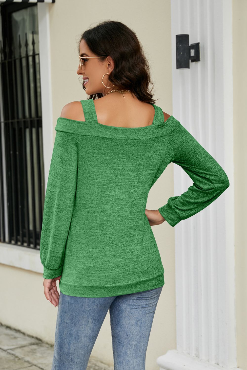 Cutout Cold-Shoulder Top - green cold shoulder long sleeve top with square neckline. Firefly Lane Boutique1