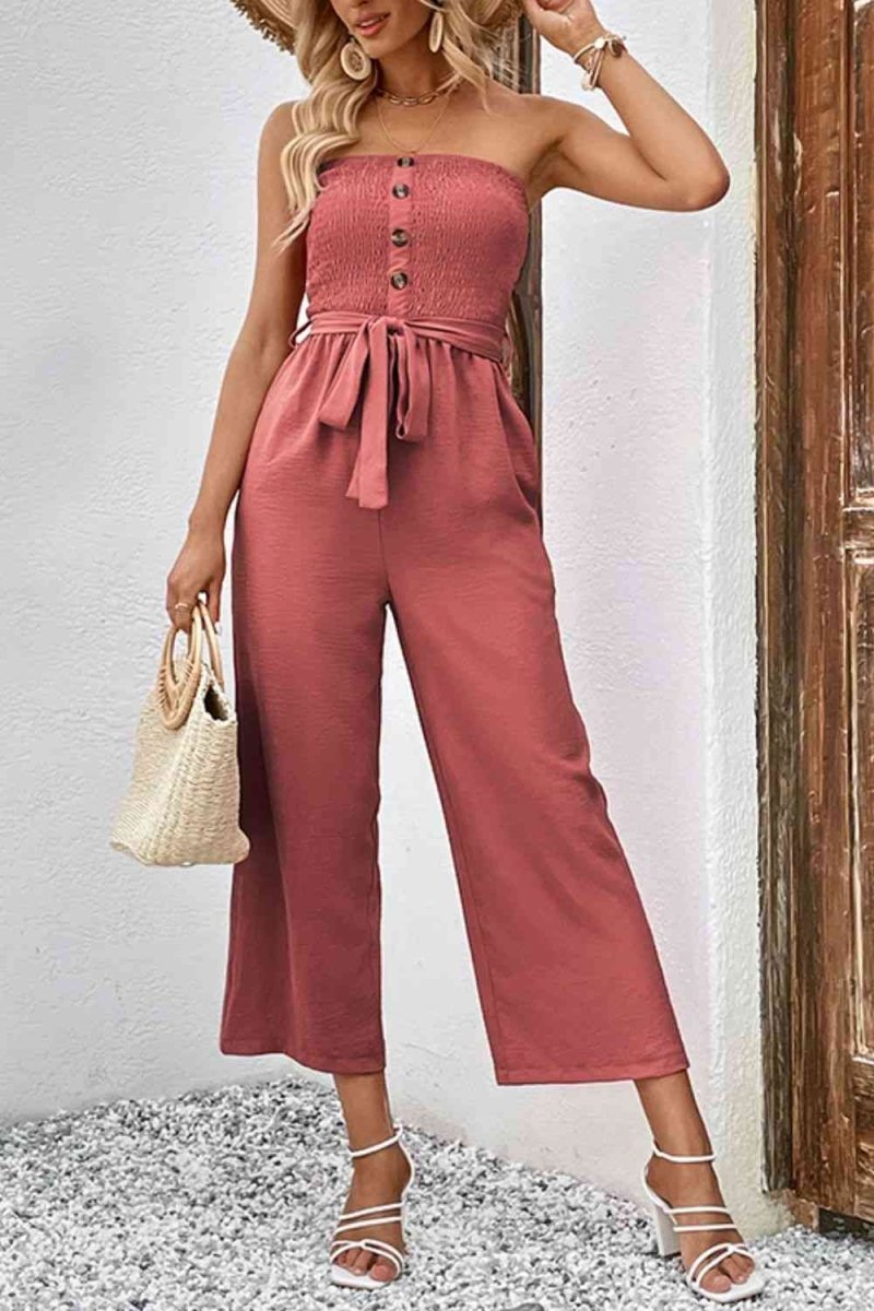 Decorative Button Strapless Smocked Jumpsuit with Pockets #Firefly Lane Boutique1
