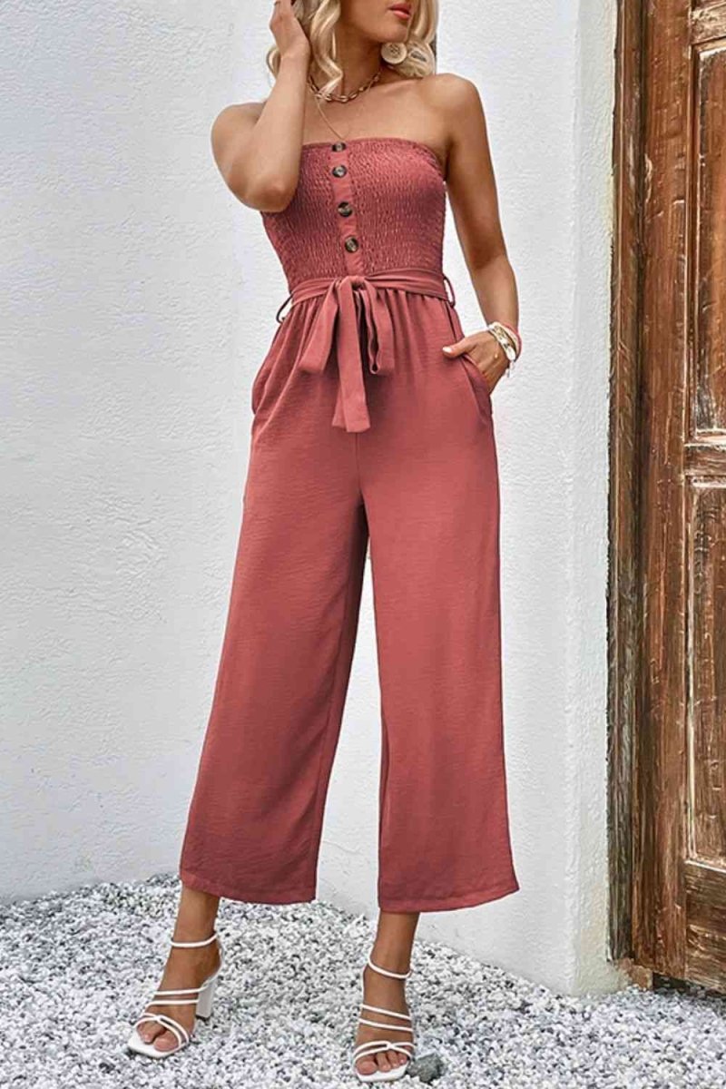 Decorative Button Strapless Smocked Jumpsuit with Pockets #Firefly Lane Boutique1