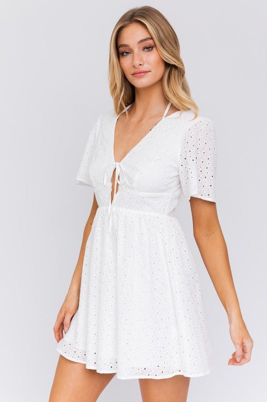 Delightful Times White Eyelet Babydoll Dress - a white mini dress that is short sleeve and a v neck. #Firefly Lane Boutique1