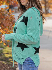 Distressed Hooded Sweater - Star Print  Drawstring - light blue cable-knit long sleeve & ribbed Trim  #Firefly Lane Boutique1