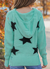 Distressed Hooded Sweater - Star Print  Drawstring - light blue cable-knit long sleeve & ribbed Trim  #Firefly Lane Boutique1