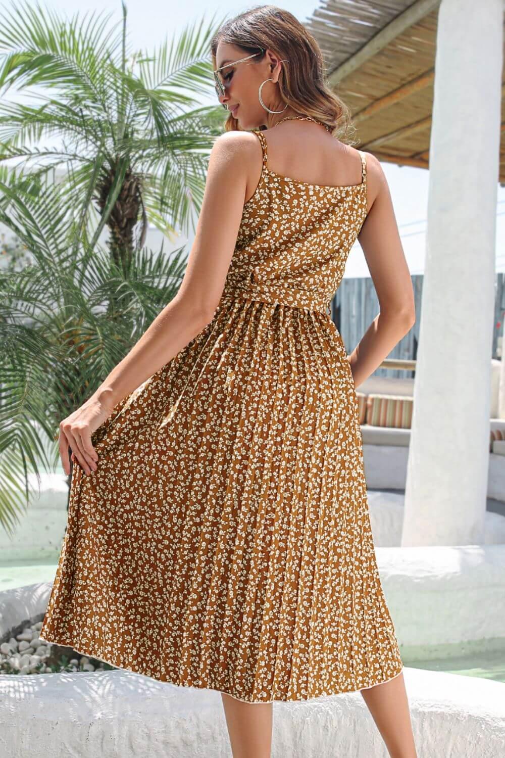 Womens Midi Summer Dresses - brown floral midi dress with cami straps, vneck, and tie waist. #Firefly Lane Boutique1