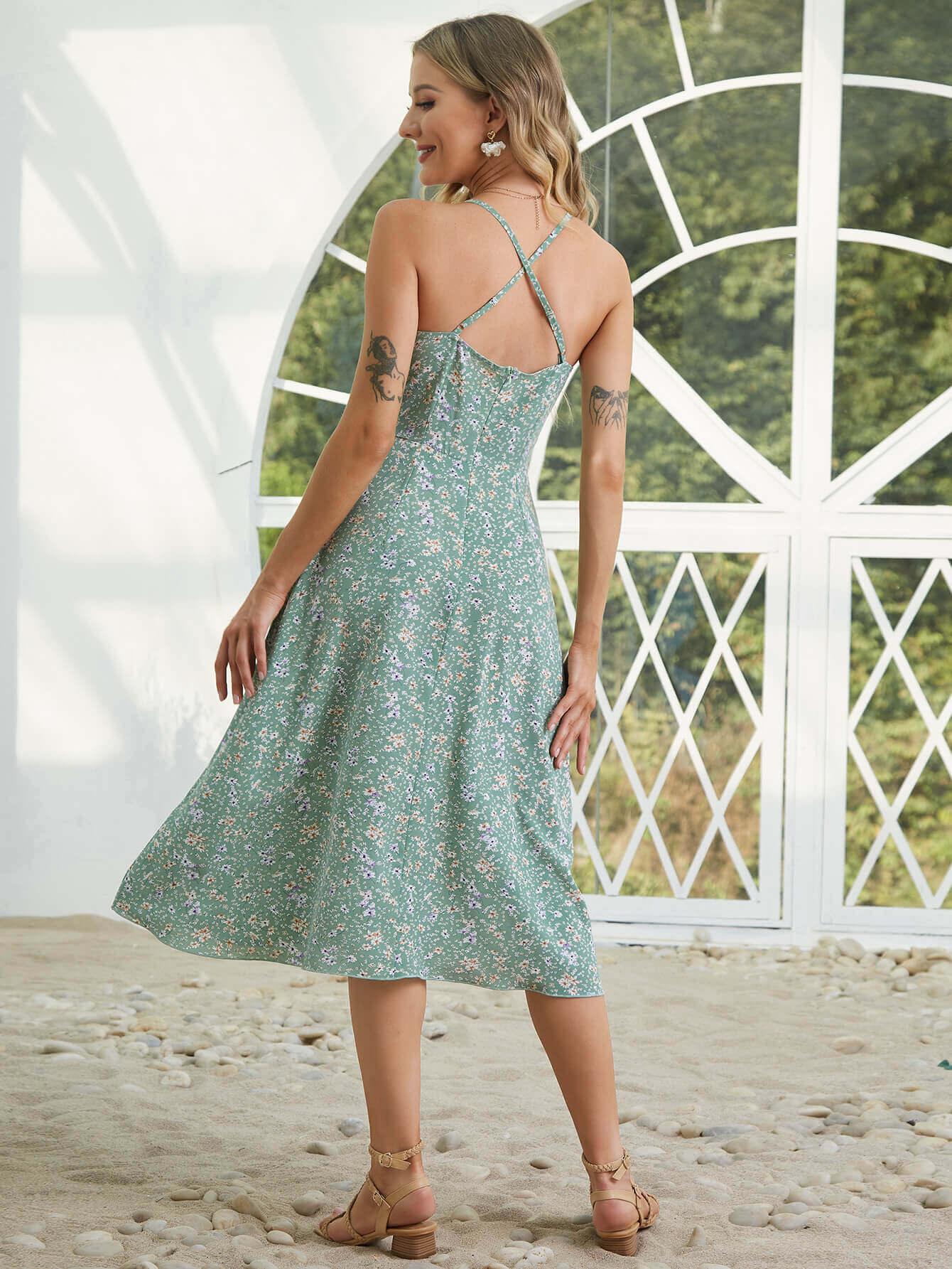 Let Me Be Floral Slit Midi Dress - midi green floral dress, crisscross open back detail, & side slit #Firefly Lane Boutique1