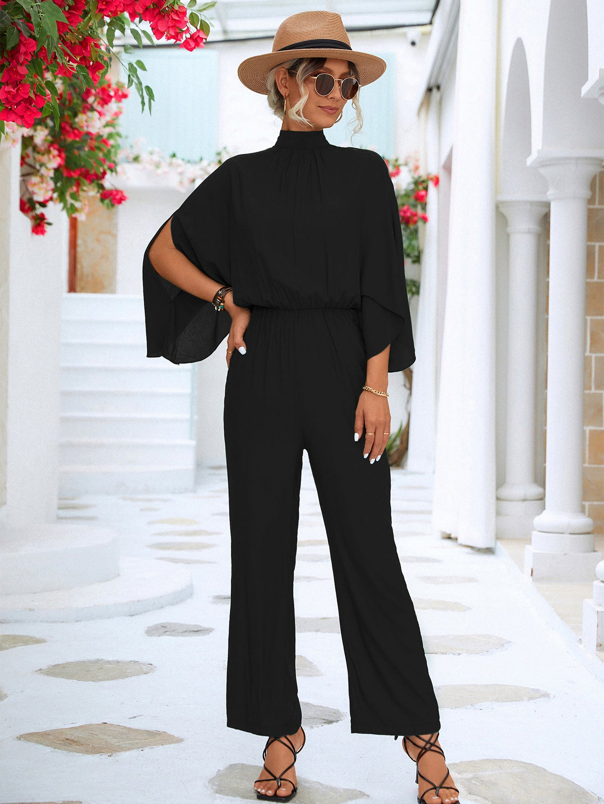 Draped In Style Caped Jumpsuit - black caped jumpsuit with a mock neck and split quarter sleeves. #Firefly Lane Boutique1