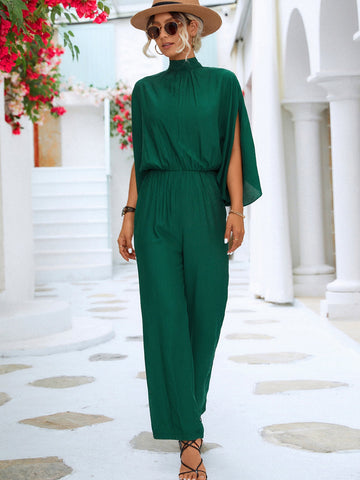 Draped In Style Caped Jumpsuit - green caped jumpsuit with a mock neck and split quarter sleeves. #Firefly Lane Boutique1