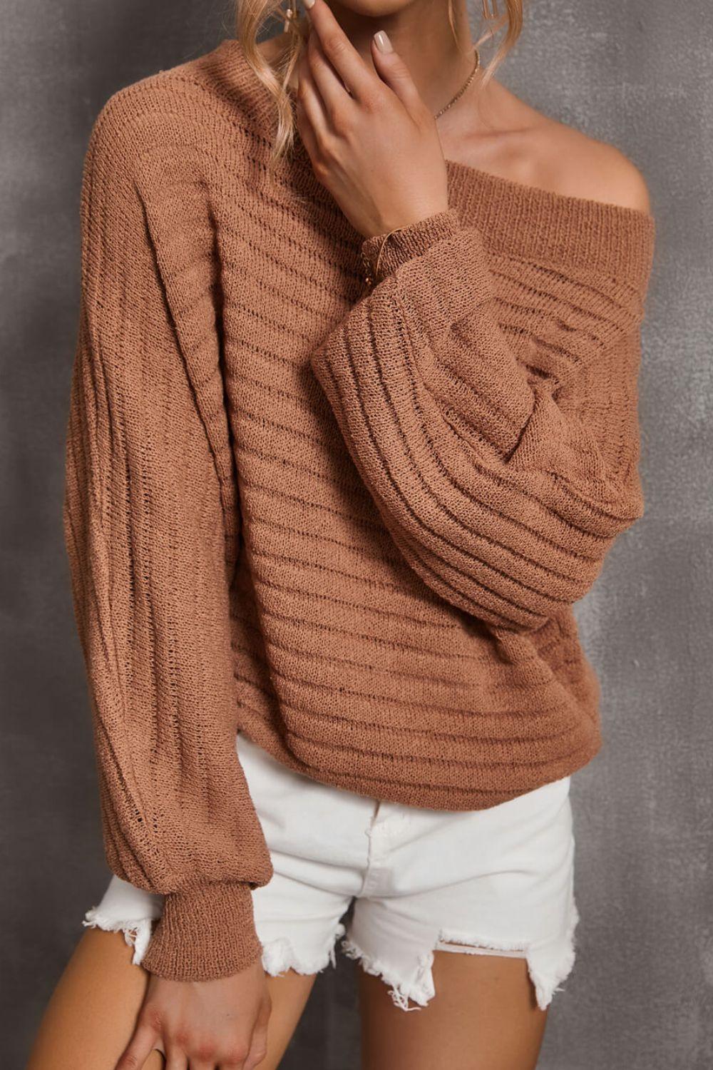 Drop Shoulder Sweater Horizontal Ribbing -Womens brown ribbed off shoulder sweater#Firefly Lane Boutique1