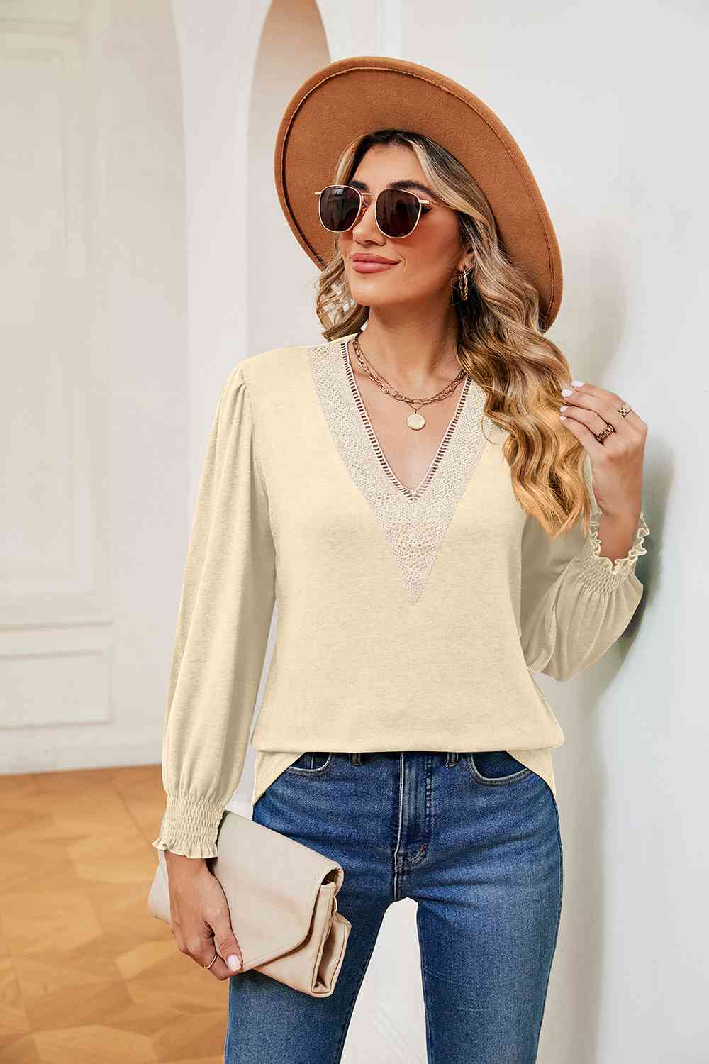 Color Sync V-Neck Top With Long Sleeve Top